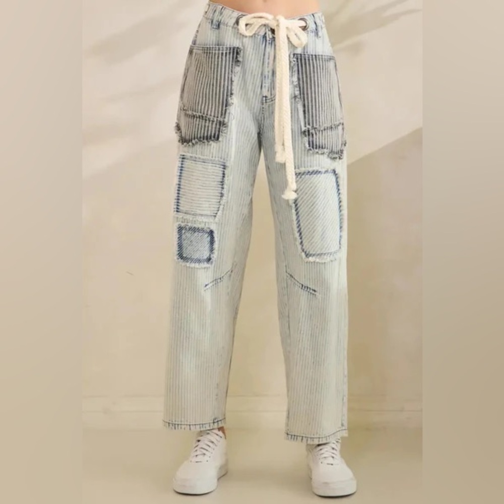 Oli & Hali NWT Multi-Stripe Women's Patchwork Barrel Jeans - Blue and Gray